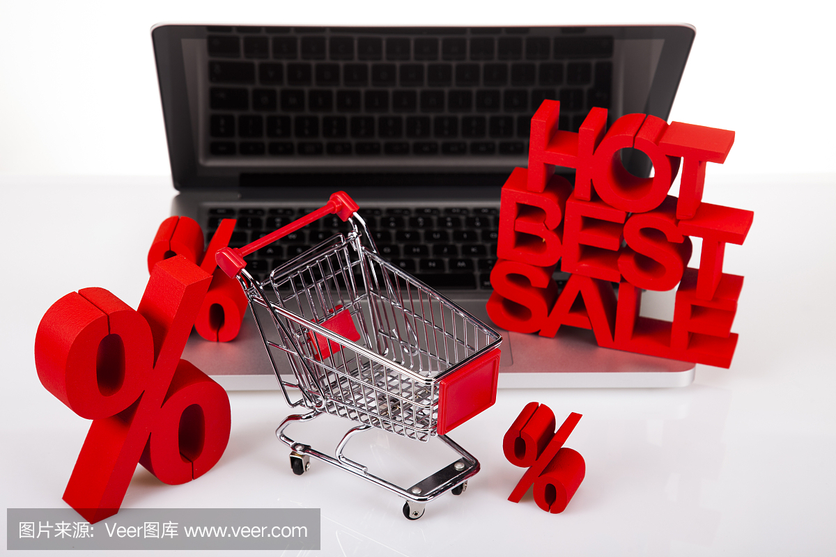 電腦,白色背景的網(wǎng)上購(gòu)物概念